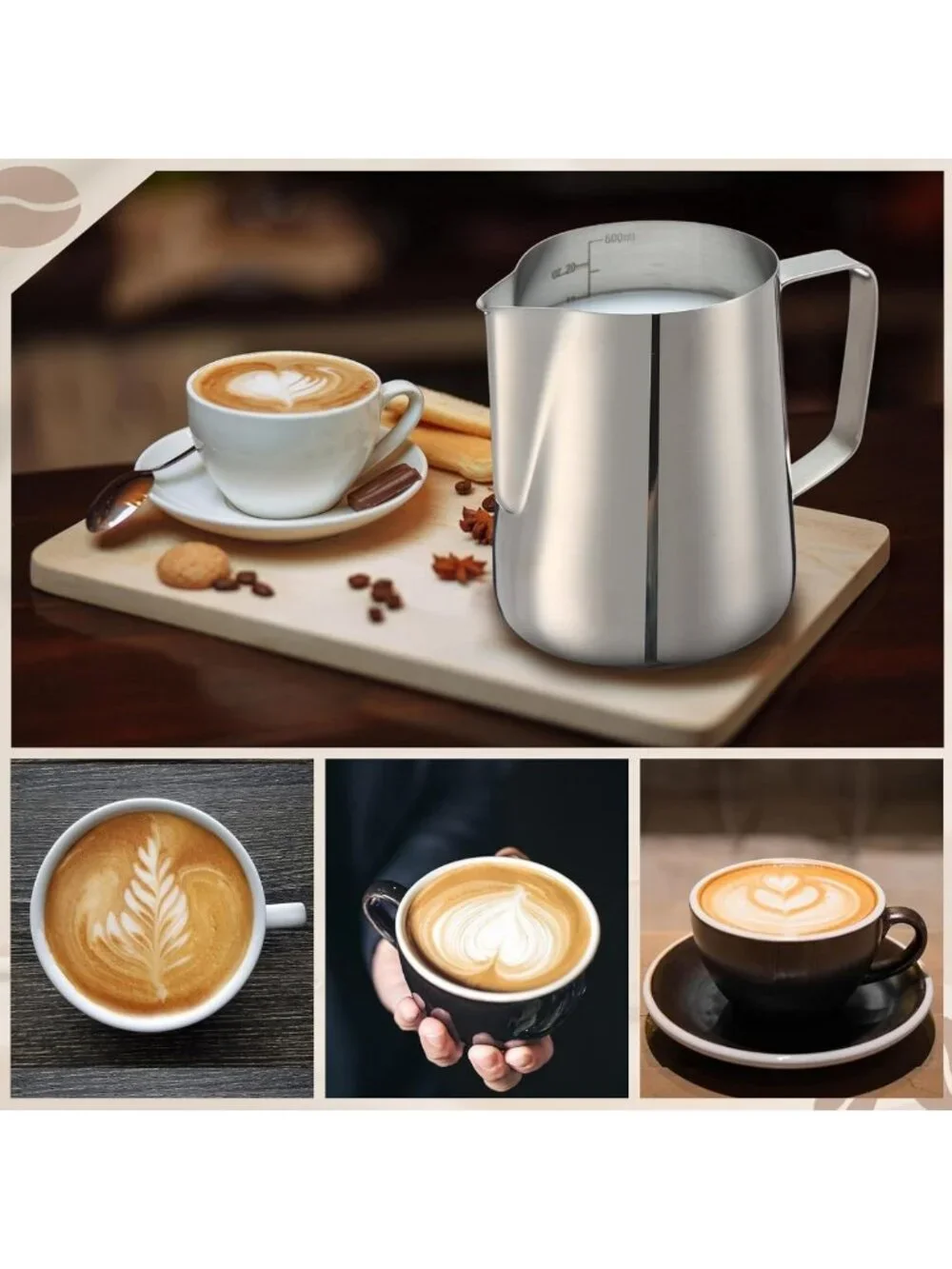4 Pcs Milk Frothing Pitcher Set - 20 oz Stainless Steel, Silver Coffee Tools
